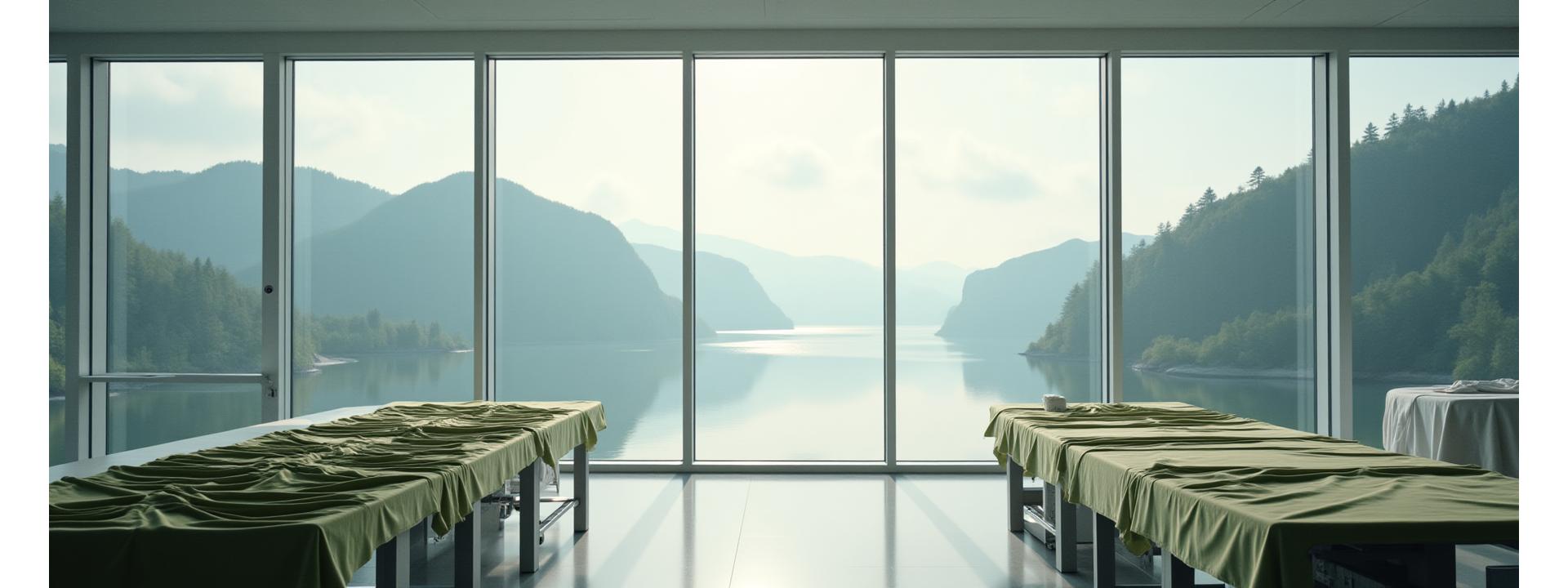 Moderne tekstilfabrikk og fjordlandskap i Bergen, Norge, belyst av mykt, naturlig lys.