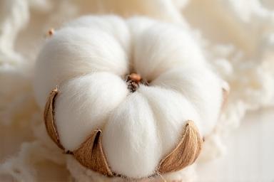 Nærbilde av myk økologisk bomullsfiber i naturlige farger.