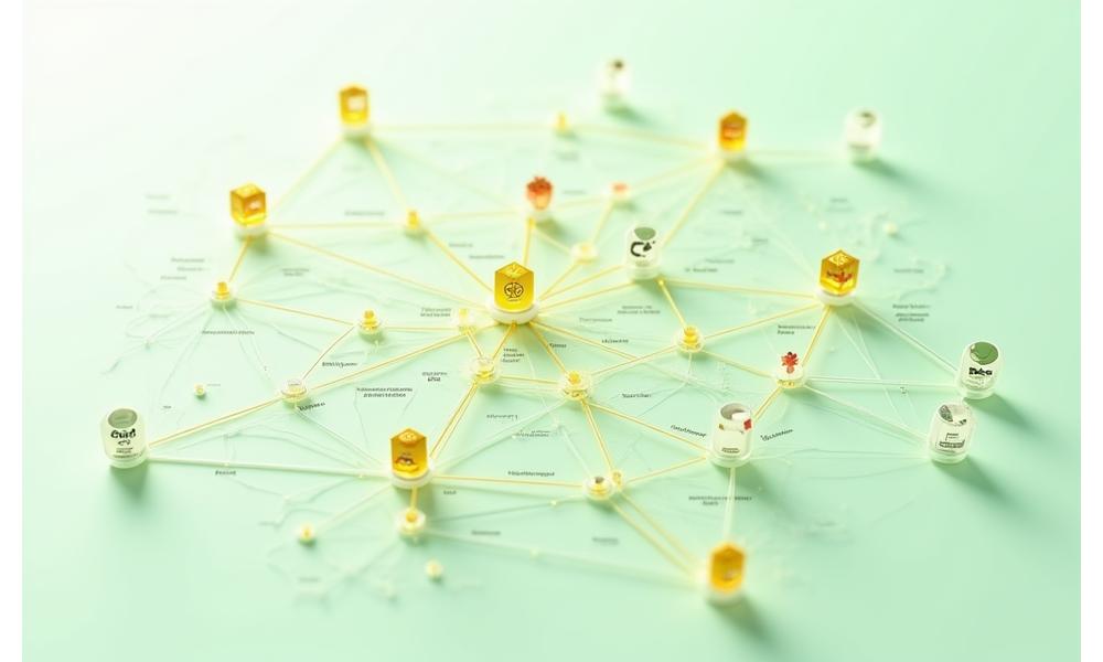 Interaktivt kart som viser leverandørkjeden fra råmaterialer til ferdig produkt, med detaljerte data for hvert trinn.