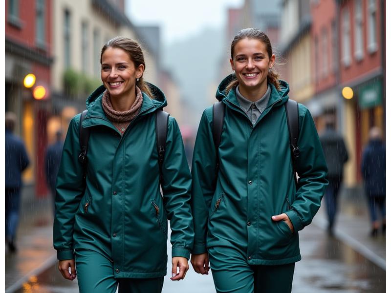 Personer i stilige og funksjonelle regnklær, smilende under regn i Bergen.