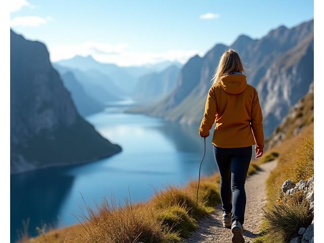Kvinne i funksjonell, stilfull friluftsjakke på en fjellsti i Norge