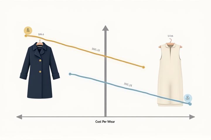 Diagram som illustrerer kostnad per bruk for høykvalitetsplagg versus billige fast fashion-plagg