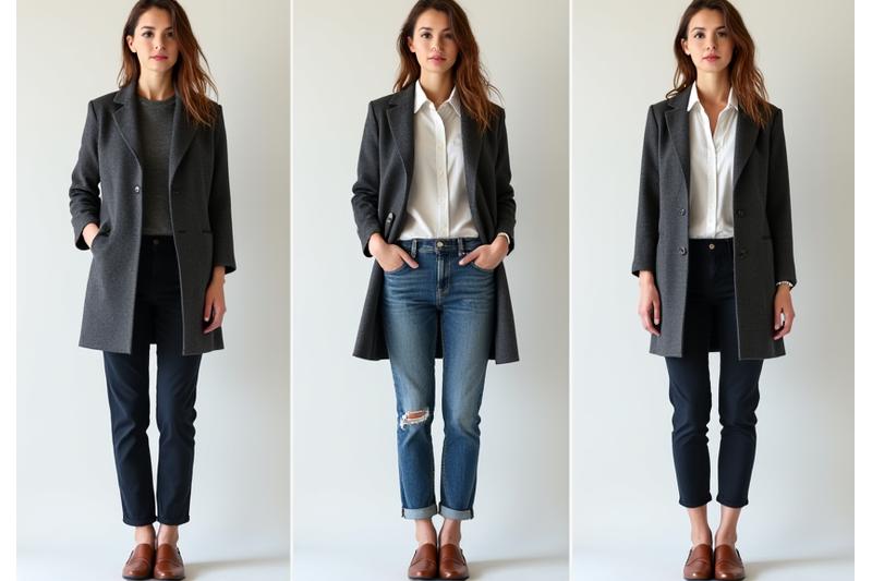 Før- og etterbilder som viser hvordan et fåtall plagg kan styles til mange ulike antrekk for forskjellige anledninger, fra dag til kveld, og profesjonell til uformell