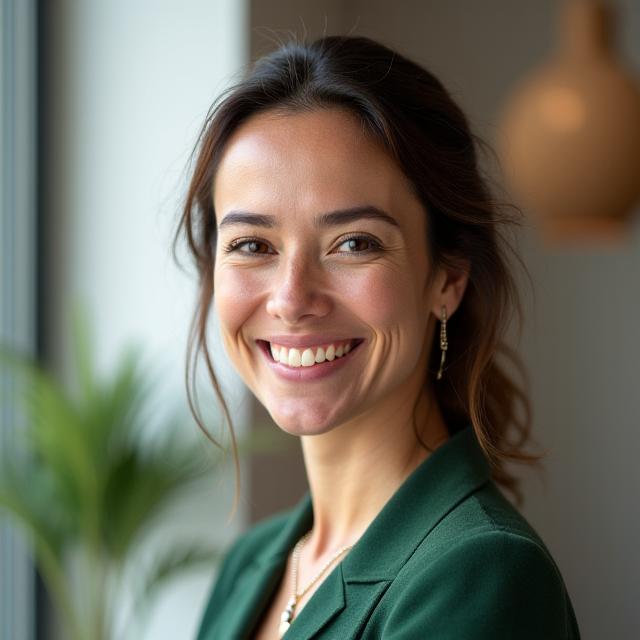 Portrett av Ingrid Olsen, Fjordklær Designs grunnlegger og Creative Director, smilende og profesjonell.