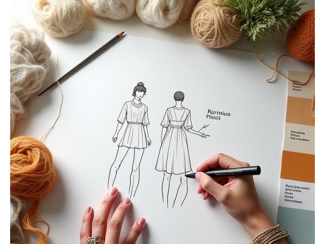 Nærbilde av en designer som skisserer et klesdesign på et tegnebrett, omgitt av stoffprøver og garn.