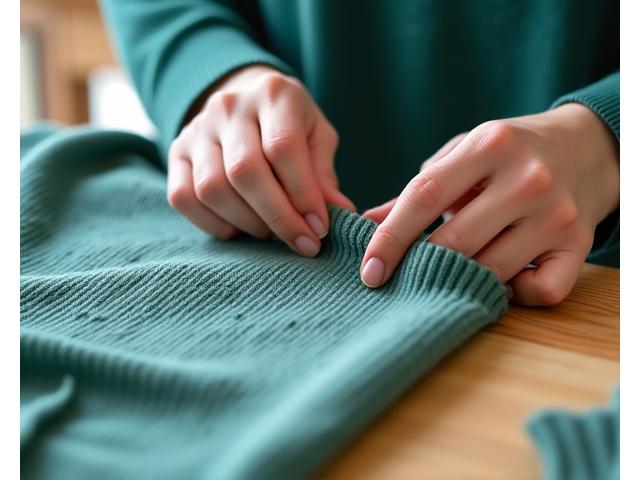 Et par hender som inspiserer et ferdig strikkeplagg for kvalitet og detaljer på et lyst arbeidsbord.