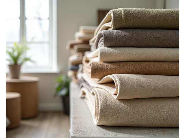 En samling av naturlige, bærekraftige stoffruller i forskjellige teksturer og dempede farger, stablet pent i et lager.