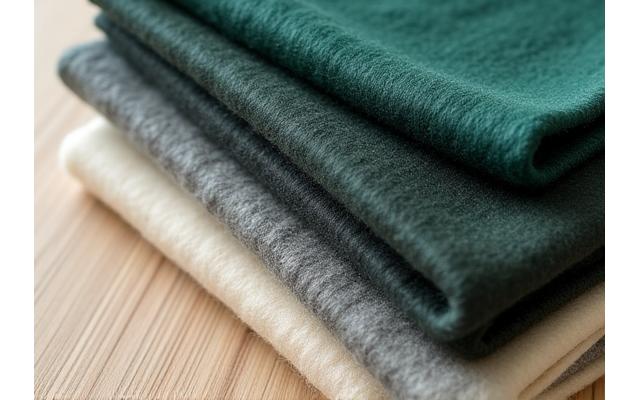 Close-up of a premium organic wool fabric swatch, showing rich texture and natural color.