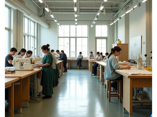 Oversiktsbilde av et moderne, rent syverksted med dyktige tekstilarbeidere ved symaskiner, illustrerer kapasitet og høy kvalitet