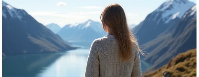 Et modellfotografi av en kvinne iført en elegant, strikket genser fra Fjellro kolleksjonen i et norsk fjellandskap
