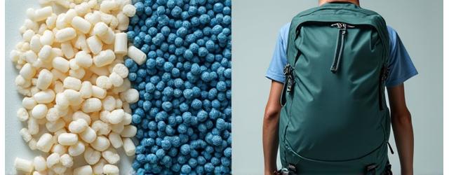 Bildeserie som viser utviklingen av Havbris-sekkene fra stoffprøver til ferdig produkt, med fokus på innovative, resirkulerte materialer