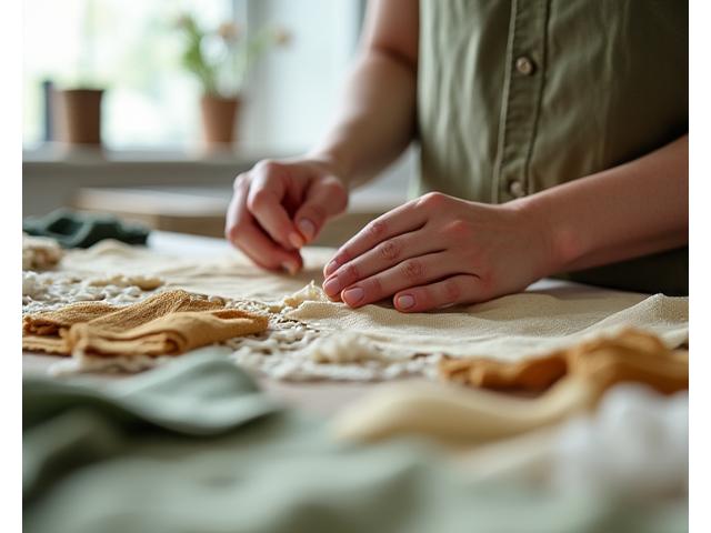 En designer betrakter stoffprøver, indikerer nøysom utvelgelse og redusert risiko i småskala produksjon