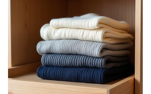 En stable med pent brettede strikkegensere i et skap med lavendelposer for beskyttelse