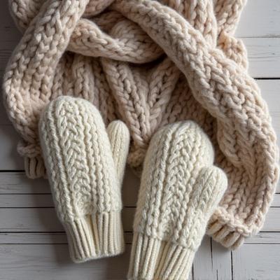 Detaljbilde av strikkede hansker, sokker og et skjerf med ulike teksturer og mønstre på et rustikt trebord