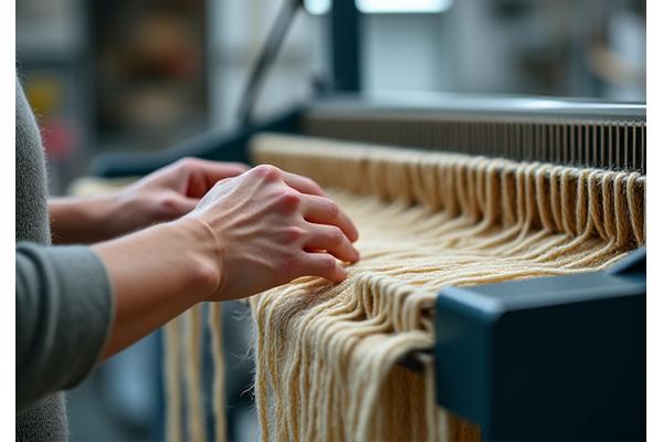 Hendene til en strikker som arbeider på en maskin, fokus på garn og nåler