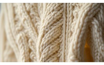 Nært bilde av en tradisjonell Aran-genser med intrikate fletteteknikker og kabelsøm