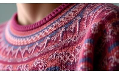 Nært bilde av et moderne plagg med Setesdal-inspirert mønster i en ny fargepalett