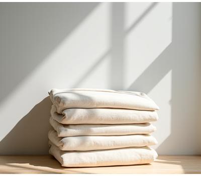 Et utvalg av ferdige, bærekraftige tøyvesker med minimalistiske logoer, stablet pent