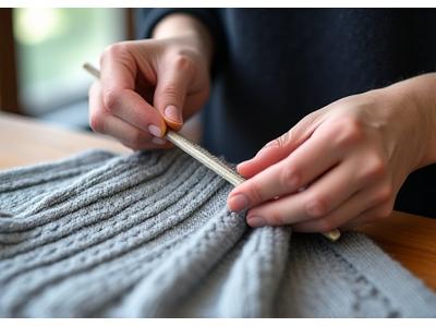 Nærbilde av en person som omhyggelig inspiserer kvaliteten på et strikkeplagg i produksjon