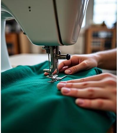 Hender som veileder et stoff gjennom en industrisymaskin på en arbeidsbenk