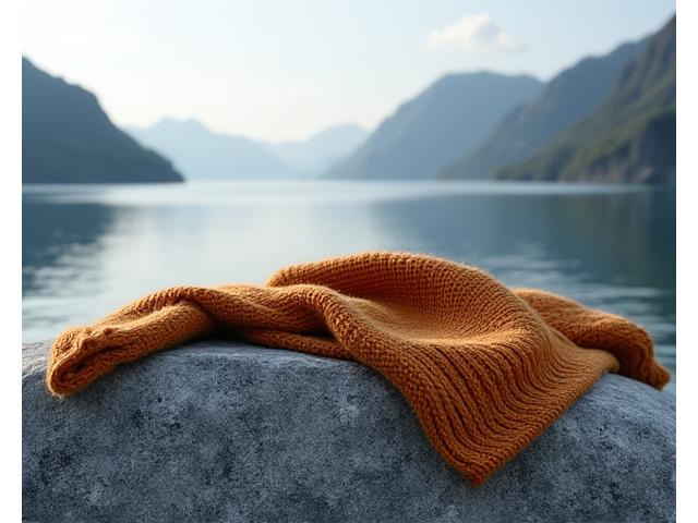 Elegant strikket genser i jordfarger, plassert mot en steinflate, med fjord i bakgrunnen