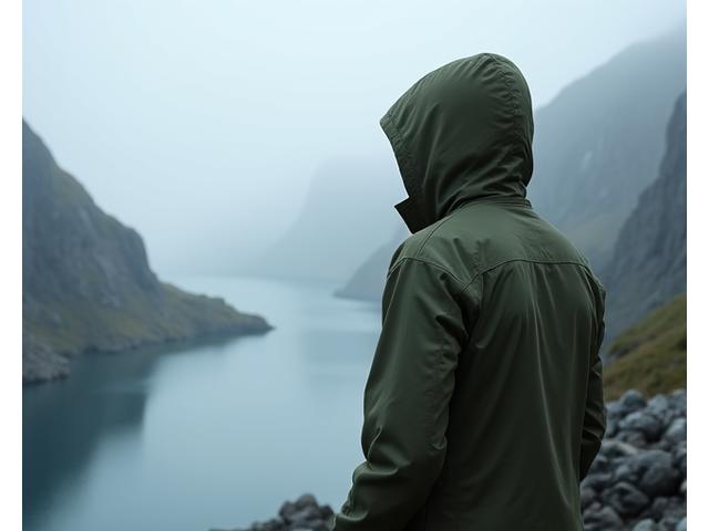 En person i teknisk utendørsjakke med hette, stående silhuett mot et dramatiskt fjordlandskap i tåke og lett regn, reflekterende norsk værbeskyttelse.