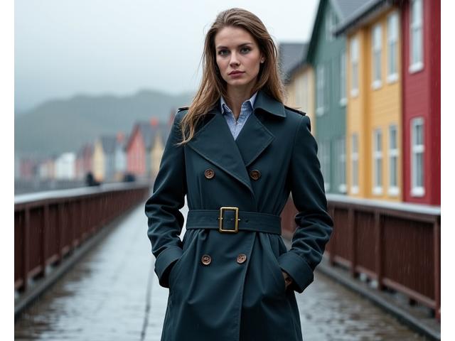 En person i en stilig, vanntett frakk fra Fjordklær, stående på en bro i Bergen med byens arkitektur i bakgrunnen på en regnfull dag.